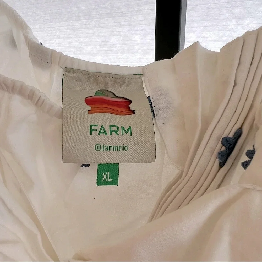 FARM Rio White Puff-Sleeve Tie-Front Blouse with Blue Embroidery